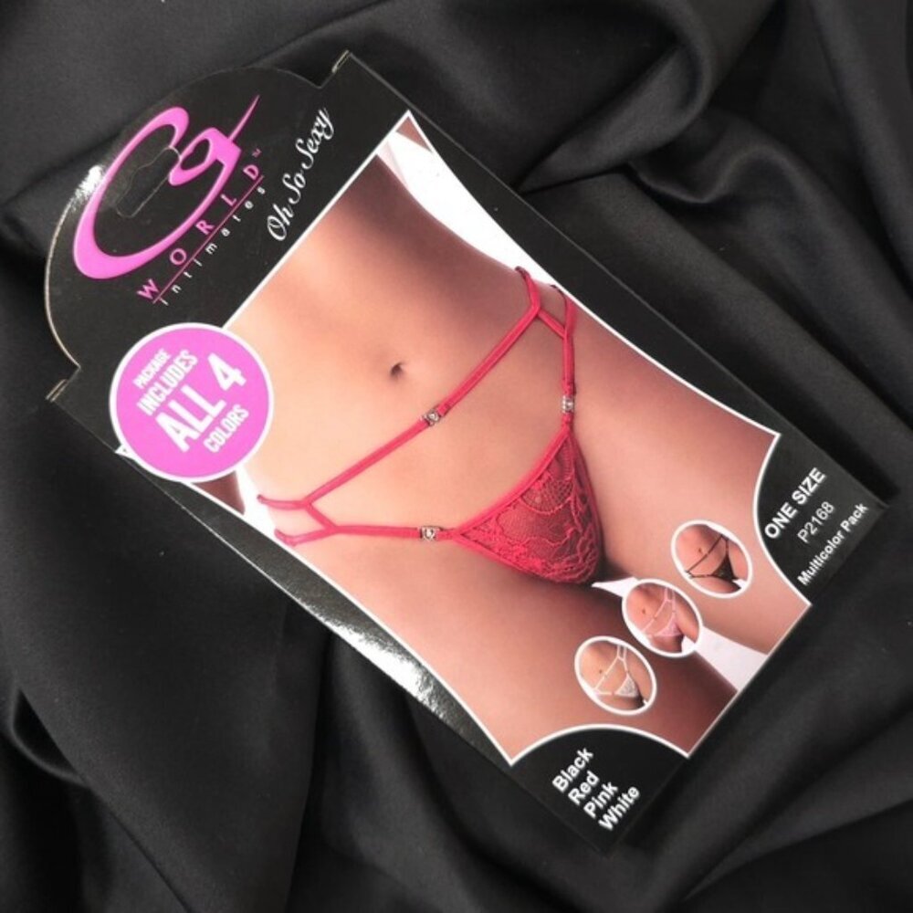 G-World 4 Pack Thong Panties ONE SIZE‎ Black Red Pink White Blings Details P2168